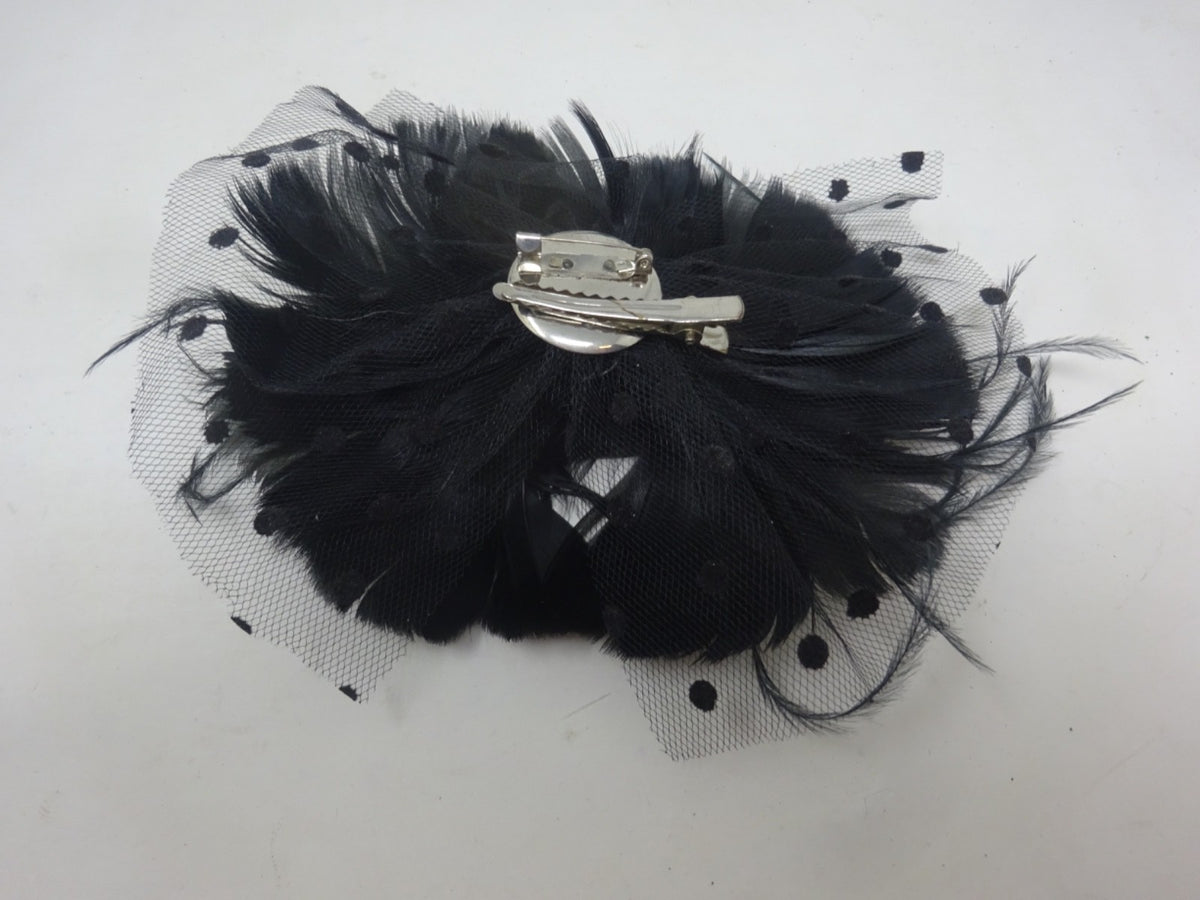 Large Black Feather & Long Slim Feathers & Spotted Net Fascinator Corsage Brooch