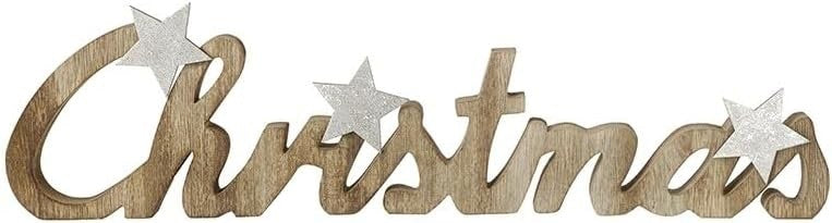 'Christmas' Wooden Table Top Decoration 3 Silver Stars 38cm Long Plaque Sign