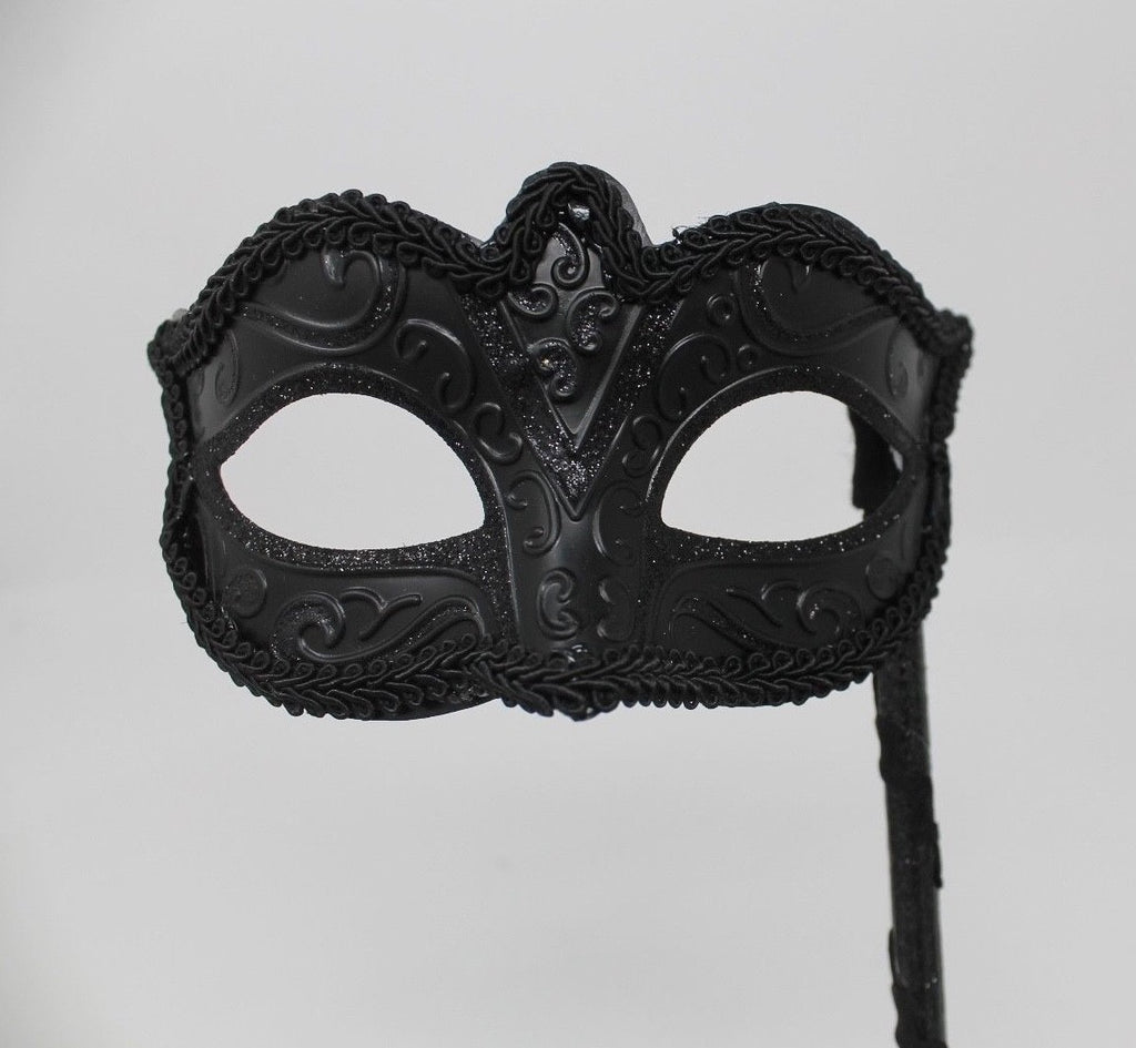 Midnight BLACK Venetian Masquerade Ball Carnival Face Mask on A HAND HELD STICK