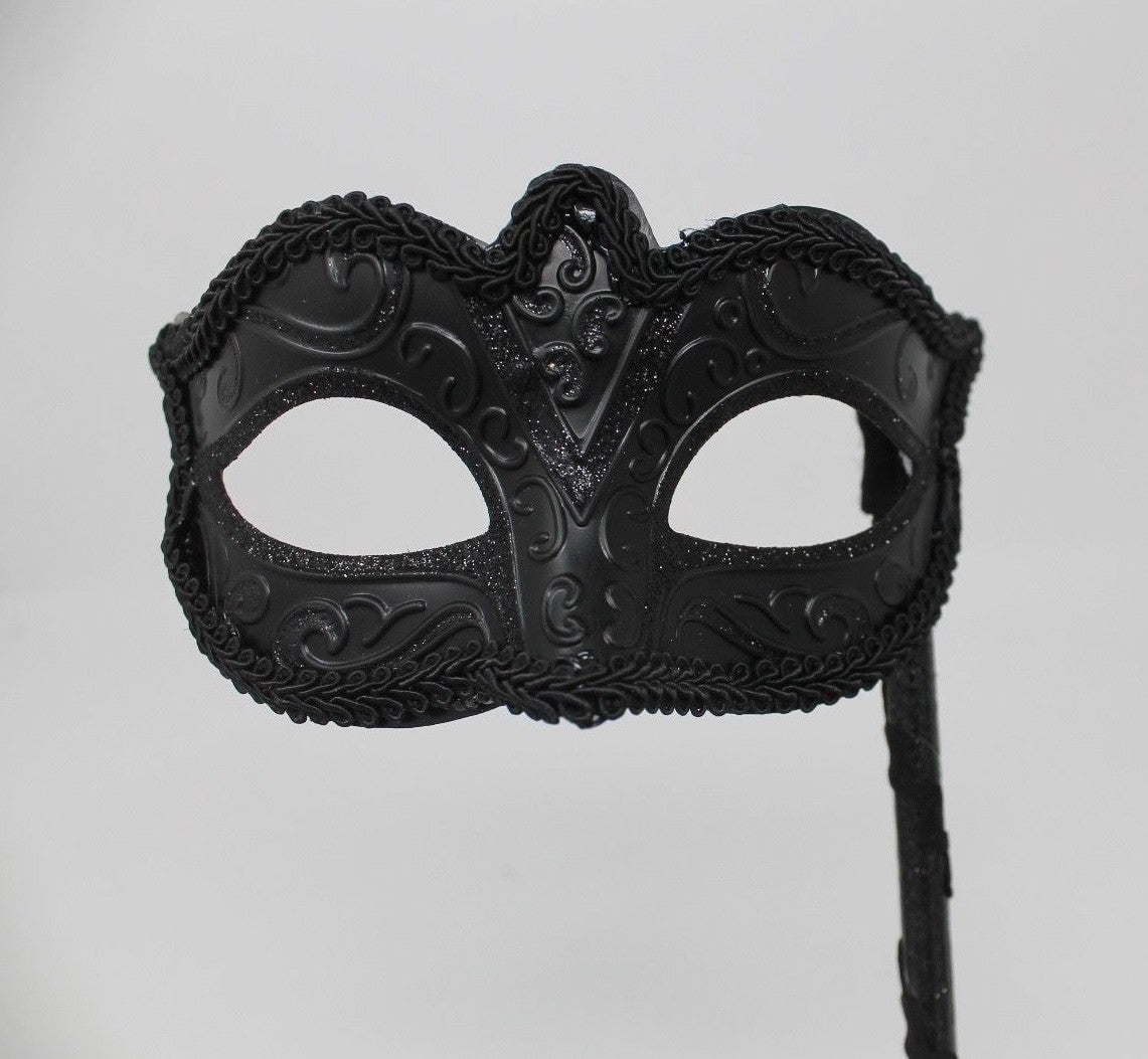 Midnight BLACK Venetian Masquerade Ball Carnival Face Mask on A HAND HELD STICK