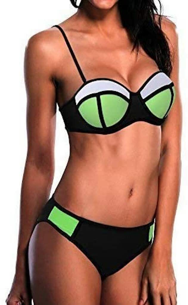 Ladies Lovely Quality Push Up Neoprene Bikini Green White & Black Size 10-12
