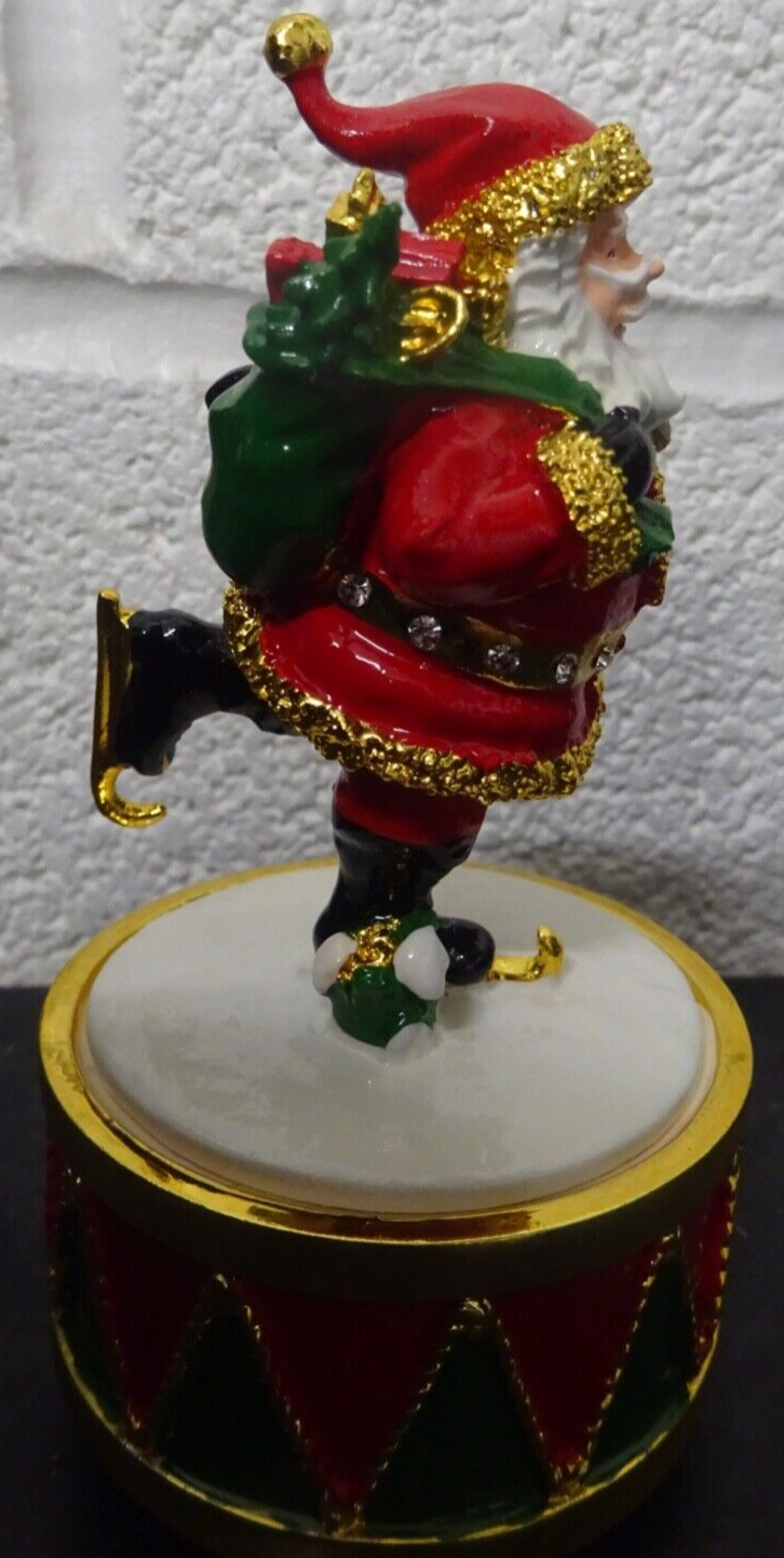 Christmas Musical Skating Santa Ceramic Gold Plated Figurine Wind Up 12cm Tall