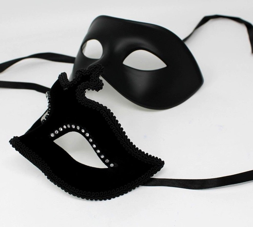 HIS N HERS PAIR COUPLES BLACK JEWELLED VENETIAN MASQUERADE PARTY EYE MASKS