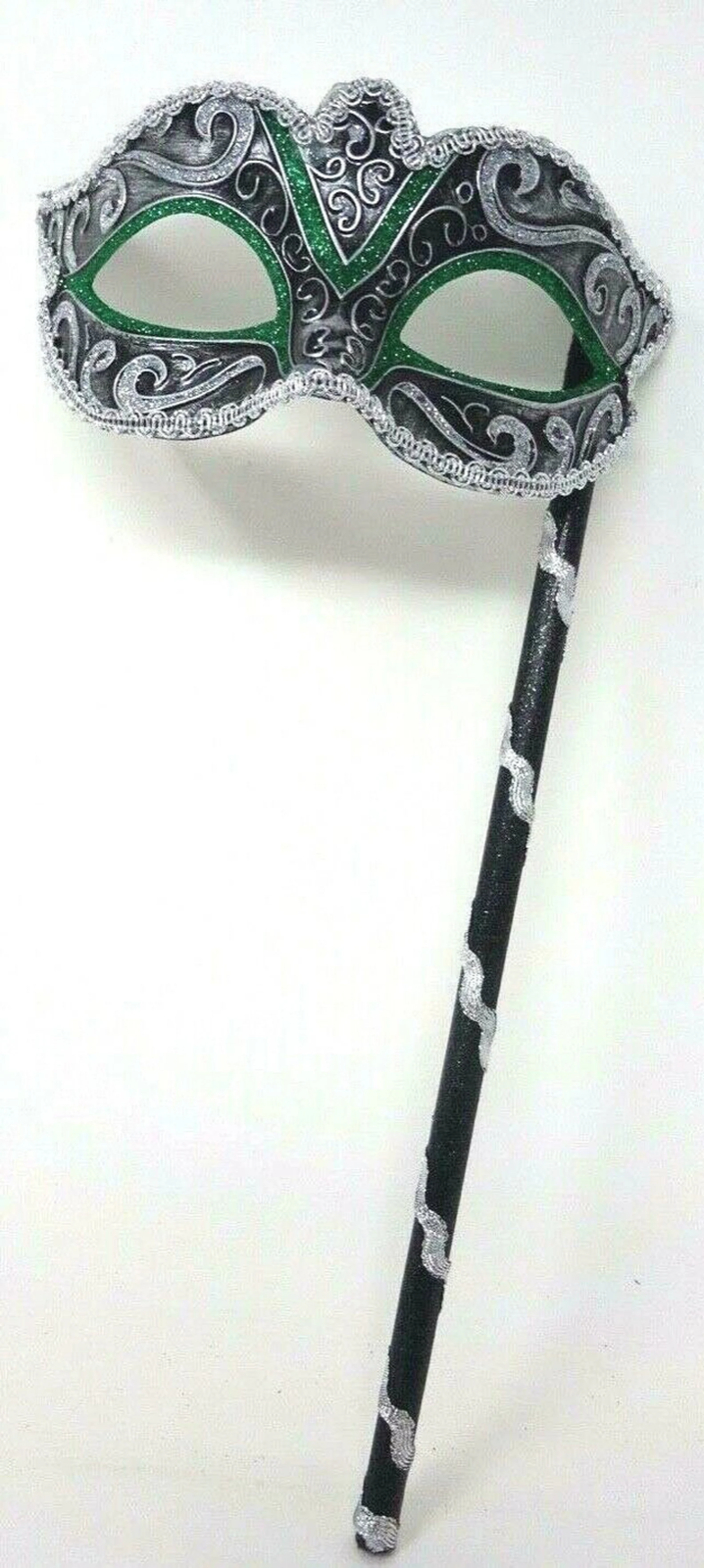 BLACK GREEN & SILVER BRAID VENETIAN MASQUERADE PROM CARNIVAL BALL MASK HAND HELD