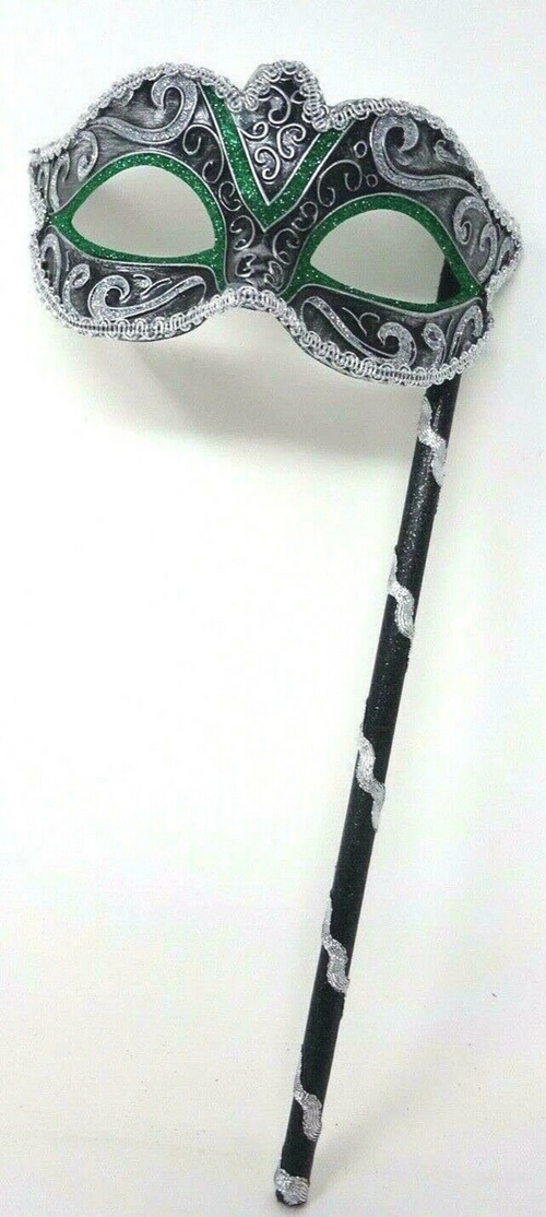 BLACK GREEN & SILVER BRAID VENETIAN MASQUERADE PROM CARNIVAL BALL MASK HAND HELD