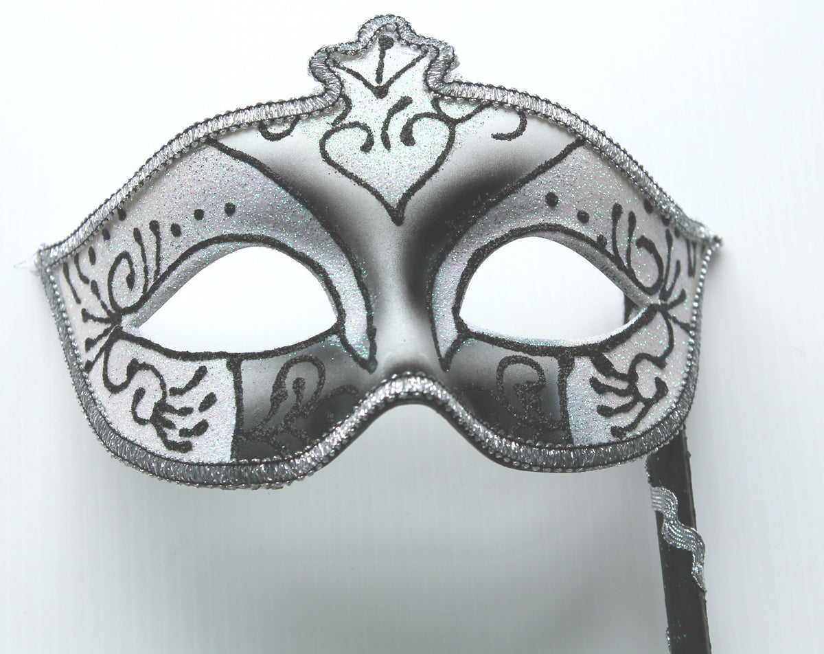 Venetian Party Masquerade Mask on a Hand Held STICK   BLACK SILVER WINTER WHITE