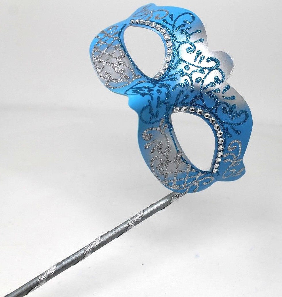 BLUE & SILVER VENETIAN MASQUERADE PARTY  MASK ON A HAND HELD STICK