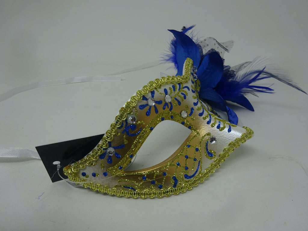 BLUE IVORY GOLD VENETIAN MASQUERADE PARTY BALL CARNIVAL FLOWER &  DIAMONTES MASK