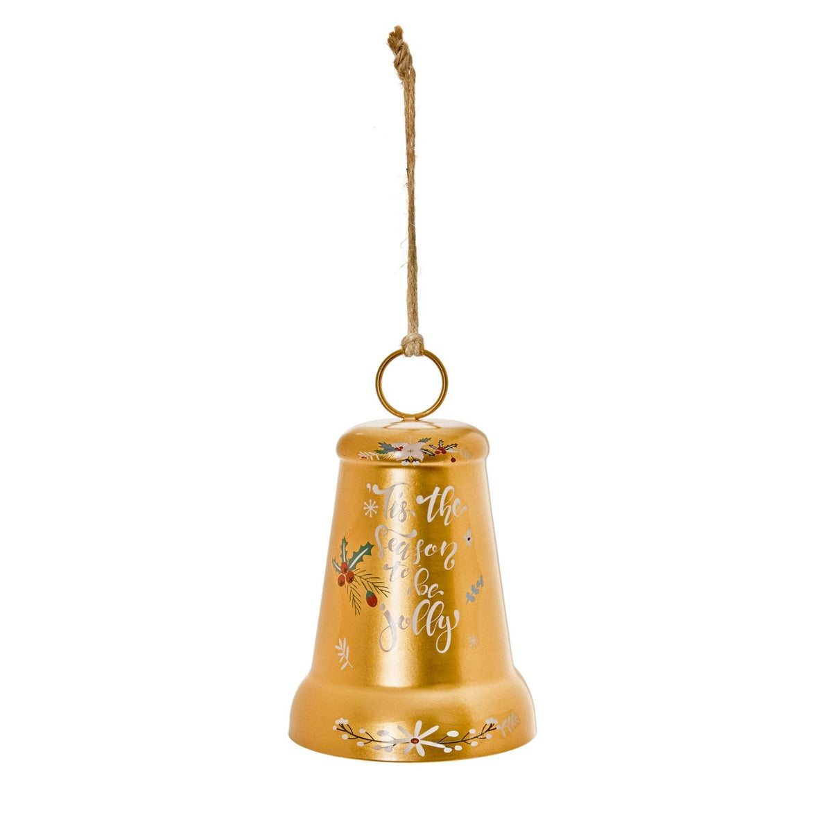 Gold Metal Bell Christmas Decoration 'Tis the Season to be Jolly' Message 19cm