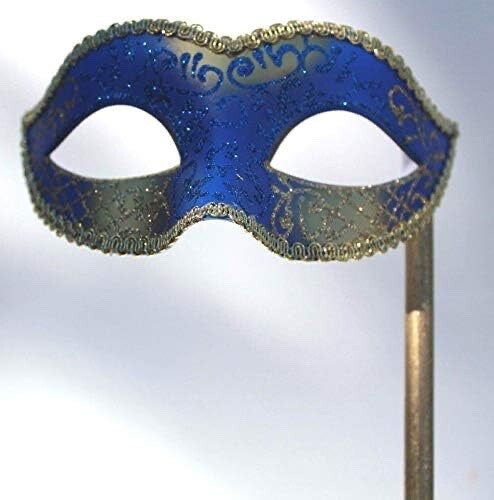 SPARKLING BLUE & GOLD VENETIAN MASQUERADE PARTY BALL MASK ON A HAND HELD STICK