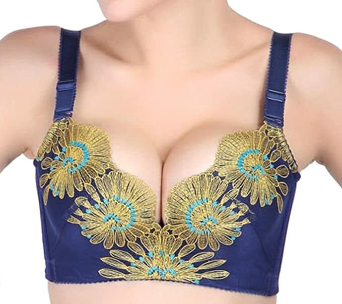 Quality Sexy Push Up Padded Underwired Embroidered Bra Size 36B Blue & Gold