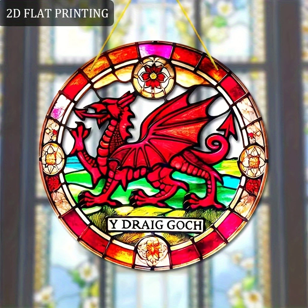 Acrylic Hanging Garden Suncatcher Wales Welsh Dragon 20cm Tall on a Yellow Cord