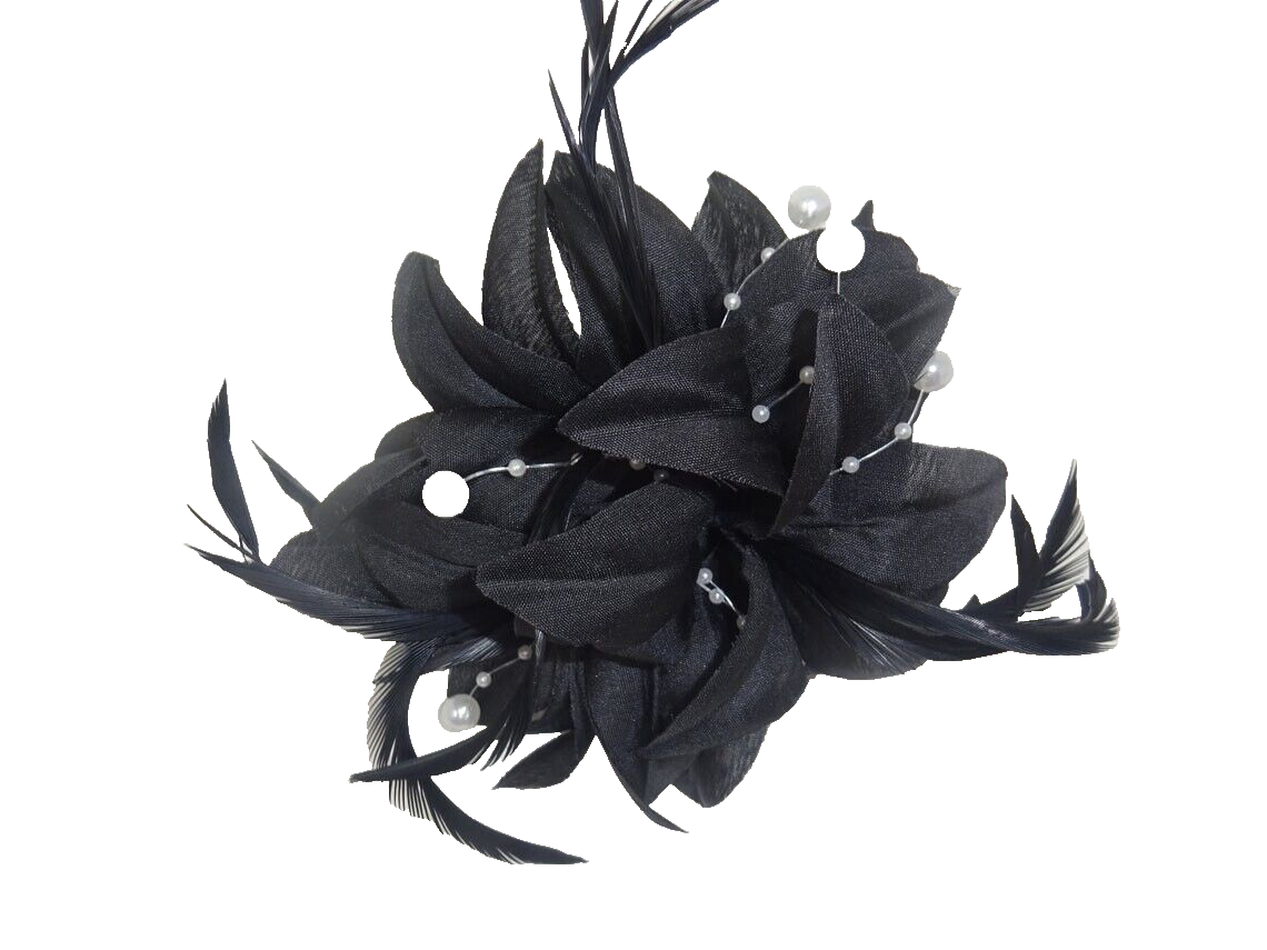 Hair Fascinator Corsage & Brooch Black with Fabric Petals & Feathers - Funeral