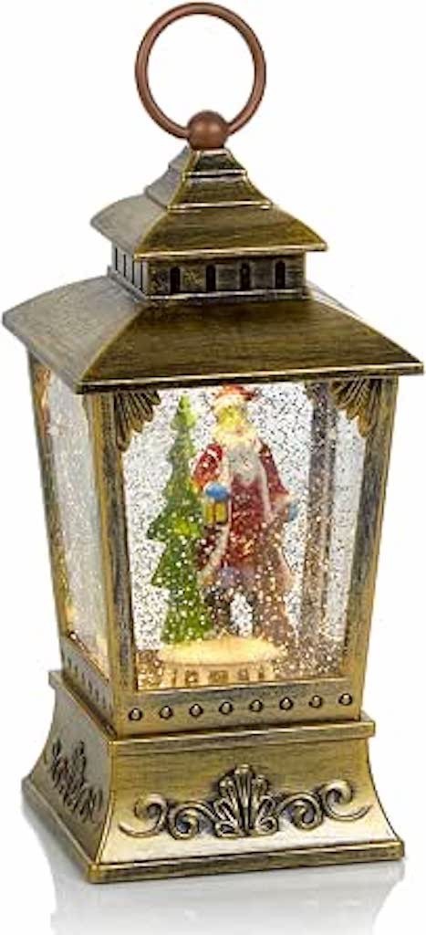 Christmas LED Rustic Gold Water Spinner Trapezoid Lantern Santa Design 24cm High