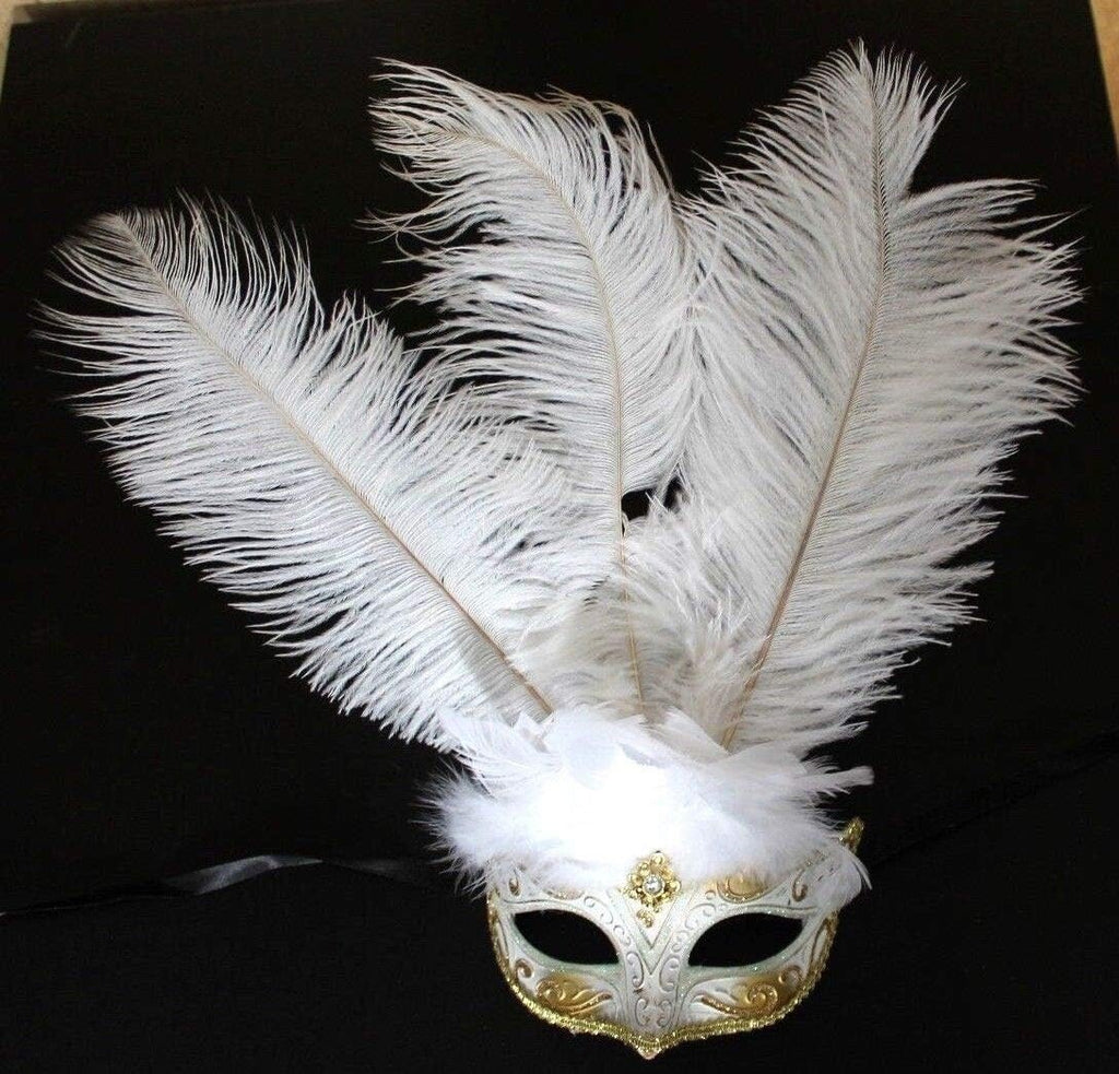 LADIES WHITE & GOLD VENETIAN MASQUERADE PARTY CARNIVAL BALL EYE FEATHER MASK