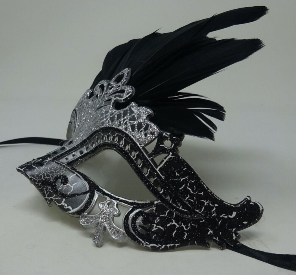 LADIES SILVER & BLACK VENETIAN CARNIVAL MASQUERADE PARTY EYE BALL FEATHER MASK