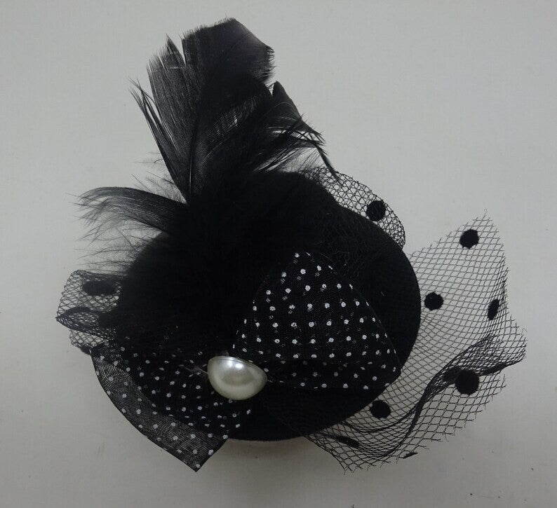 Small Black Hat Design Fascinator with Clip Fastening Spotted Bow Feather& Pearl