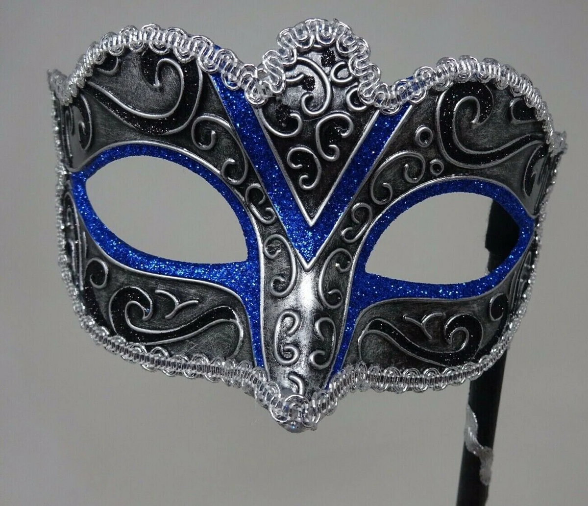 BLACK BLUE & SILVER BRAID VENETIAN MASQUERADE PARTY CARNIVAL BALL MASK HAND HELD