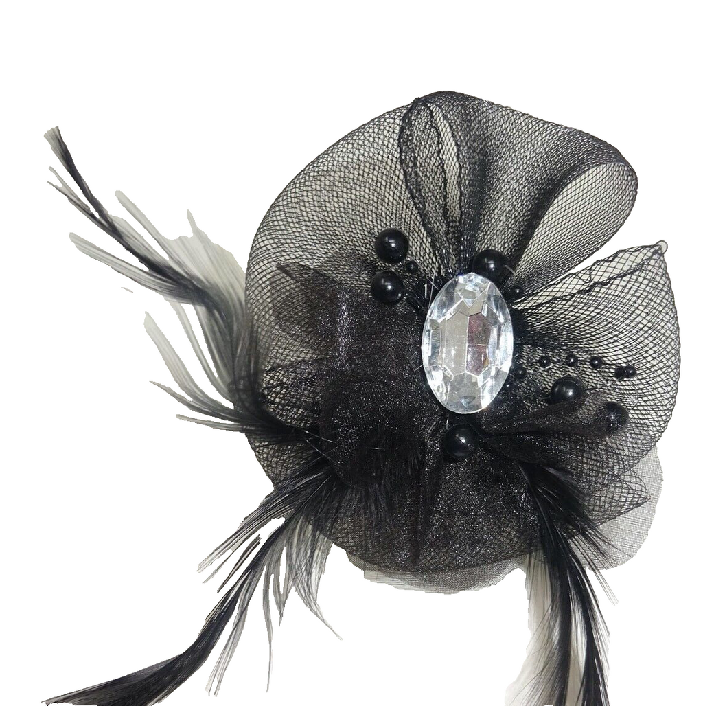 Hair Fascinator Corsage &Brooch Black Slim Feathers Net Petals Centre Diamonte