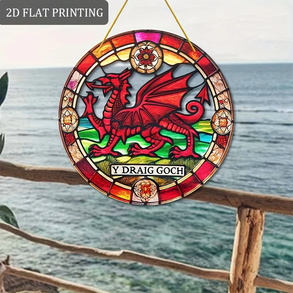 Acrylic Hanging Garden Suncatcher Wales Welsh Dragon 20cm Tall on a Yellow Cord