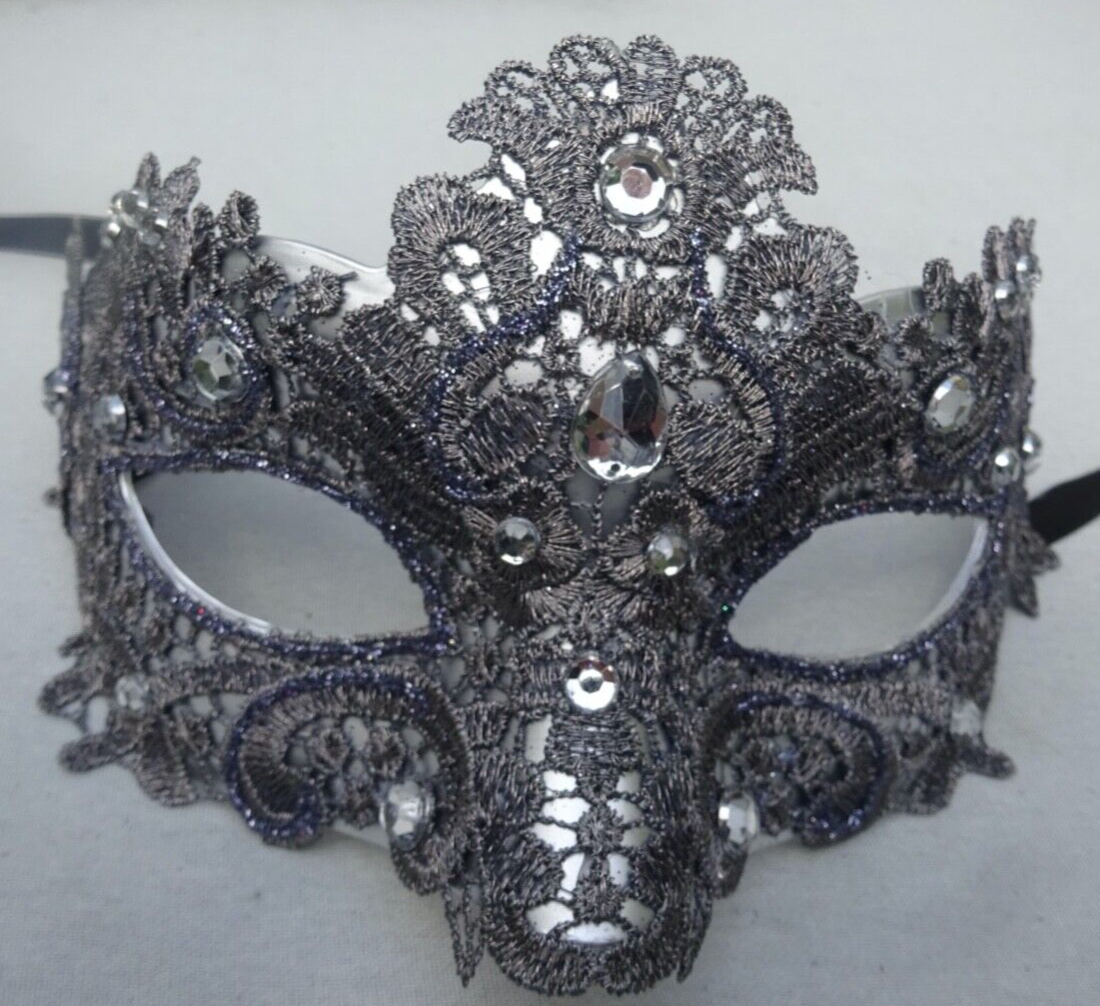 SILVER GREY JEWELLED LACE BROCADE MASK VENETIAN MASQUERADE CARNIVAL EYE BALL