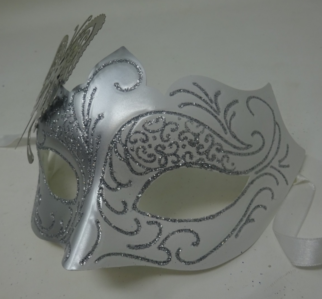 SILVER & WHITE VENETIAN MASQUERADE CARNIVAL PARTY BALL PROM EYE MASK & BUTTERFLY