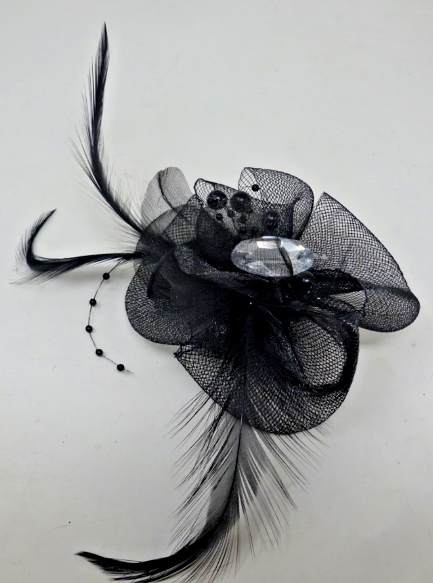 Hair Fascinator Corsage &Brooch Black Slim Feathers Net Petals Centre Diamonte