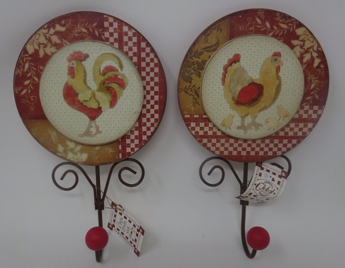 2 x Rustic Cockerel & Chicken Countryside Wall Mounted Hooks Hanger 26cm Long