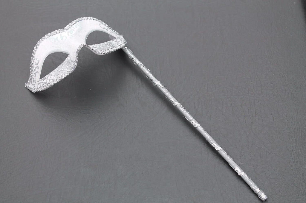 VENETIAN MASQUERADE BALL PARTY EYE MASK WITH A HAND HELD STICK SILVER & WHITE