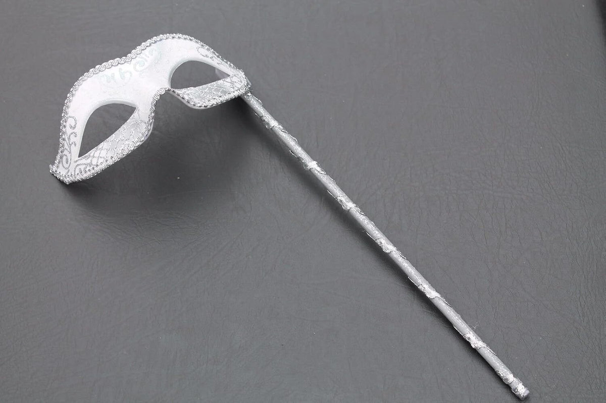 VENETIAN MASQUERADE BALL PARTY EYE MASK WITH A HAND HELD STICK SILVER & WHITE