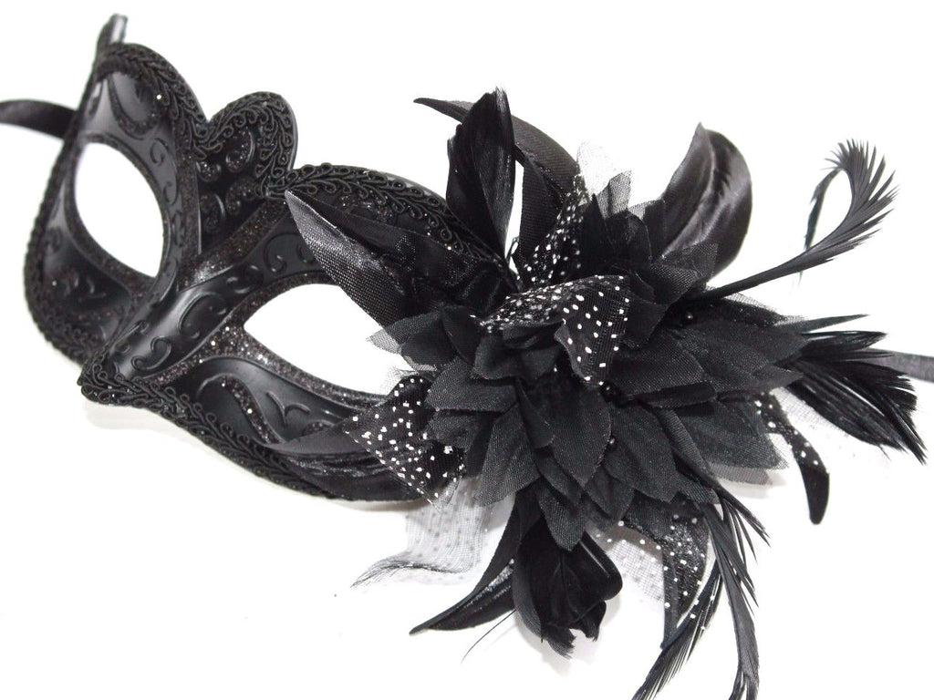 LADIES MIDNIGHT BLACK WITH FLOWER STUNNING VENETIAN MASQUERADE PARTY EYE MASK