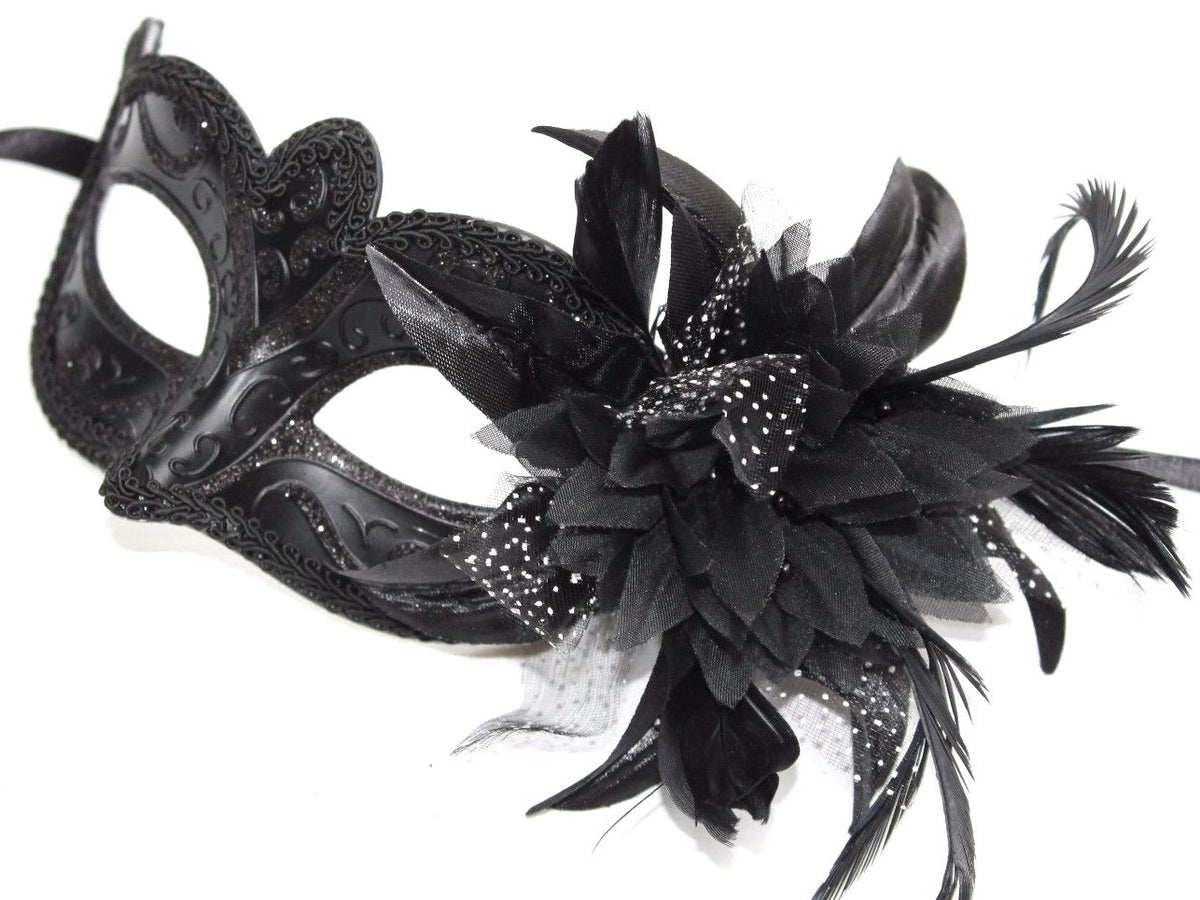 LADIES MIDNIGHT BLACK WITH FLOWER STUNNING VENETIAN MASQUERADE PARTY EYE MASK
