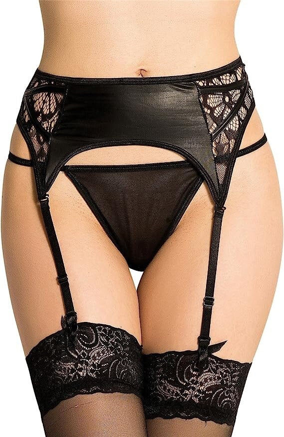 Ladies Black Faux Leather & Lace Suspender / Garter Belt with Thong Size 10-12