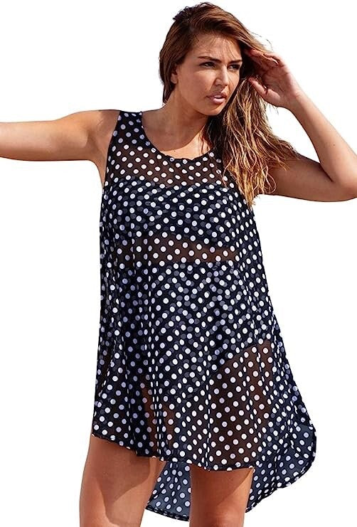 Black & White Polka Dot Chiffon Sleeveless Summer Dress Bikini Cover Up 10-12