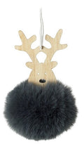 2 x Wood & Grey Fur Reindeer Christmas Baubles Tree Hanging Decoration 12cm Tall