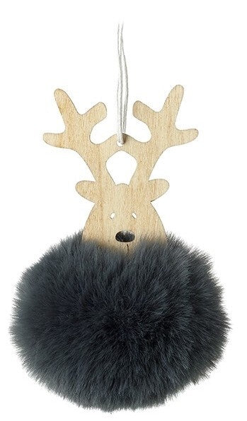 2 x Wood & Grey Fur Reindeer Christmas Baubles Tree Hanging Decoration 12cm Tall