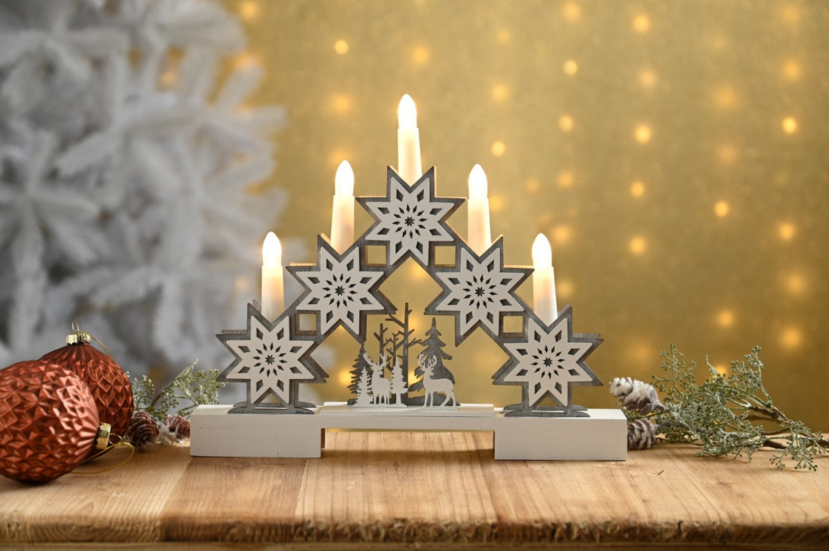 Christmas Festive LED Candle Bridge 30cm Long Reindeer Winter Snow Forest Scene