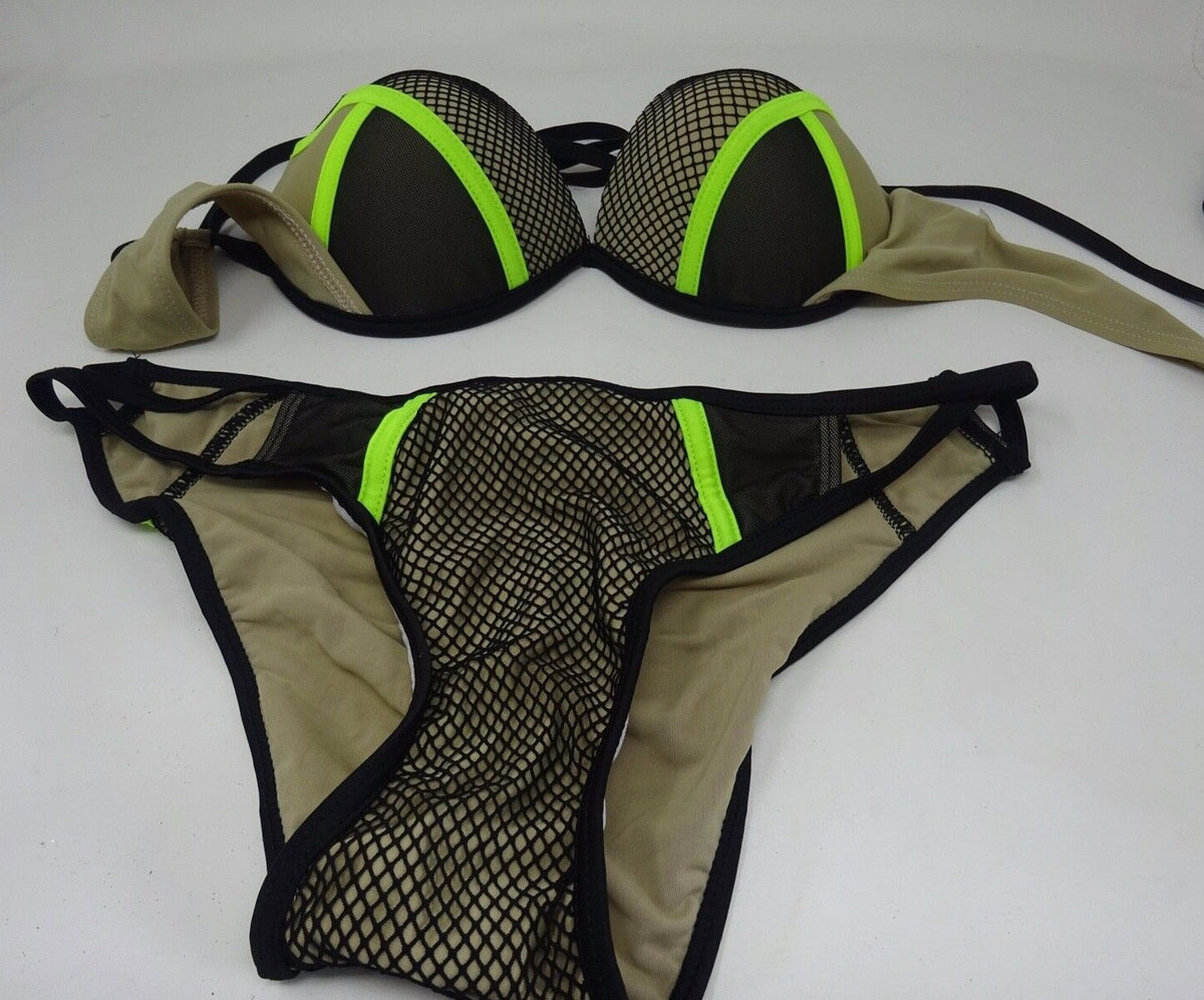 Ladies Stylish 2 Piece Black Brown & Lime Green Padded Bikini Swimsuit Size 10
