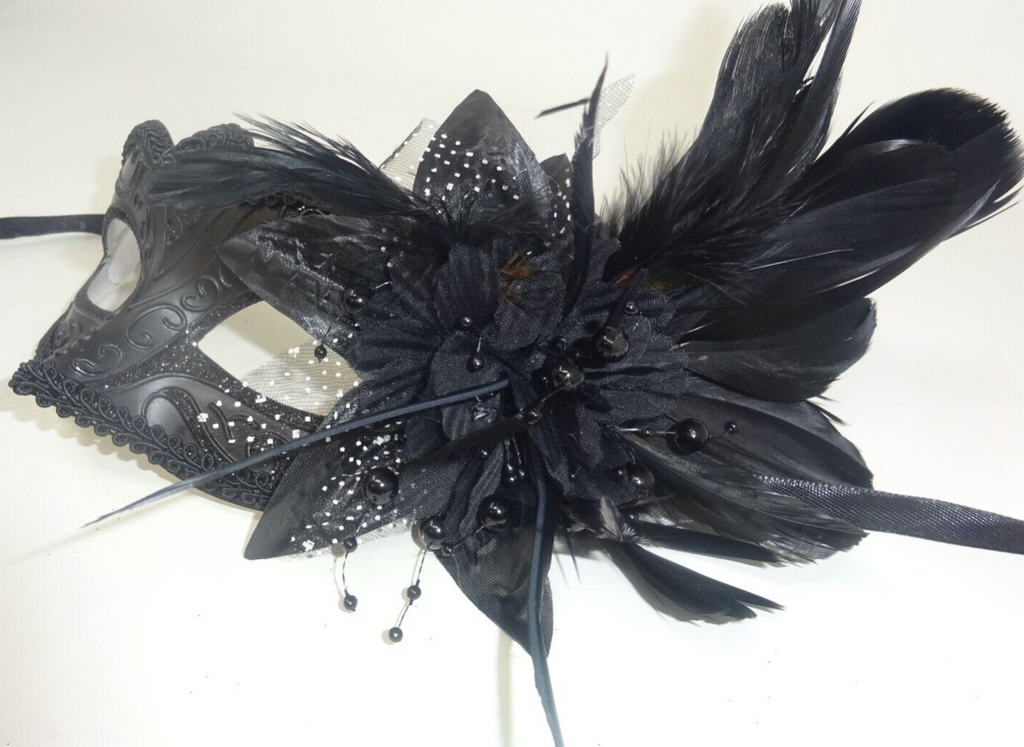 LADIES MIDNIGHT BLACK WITH ELABORATE FLOWER VENETIAN MASQUERADE PARTY EYE MASK