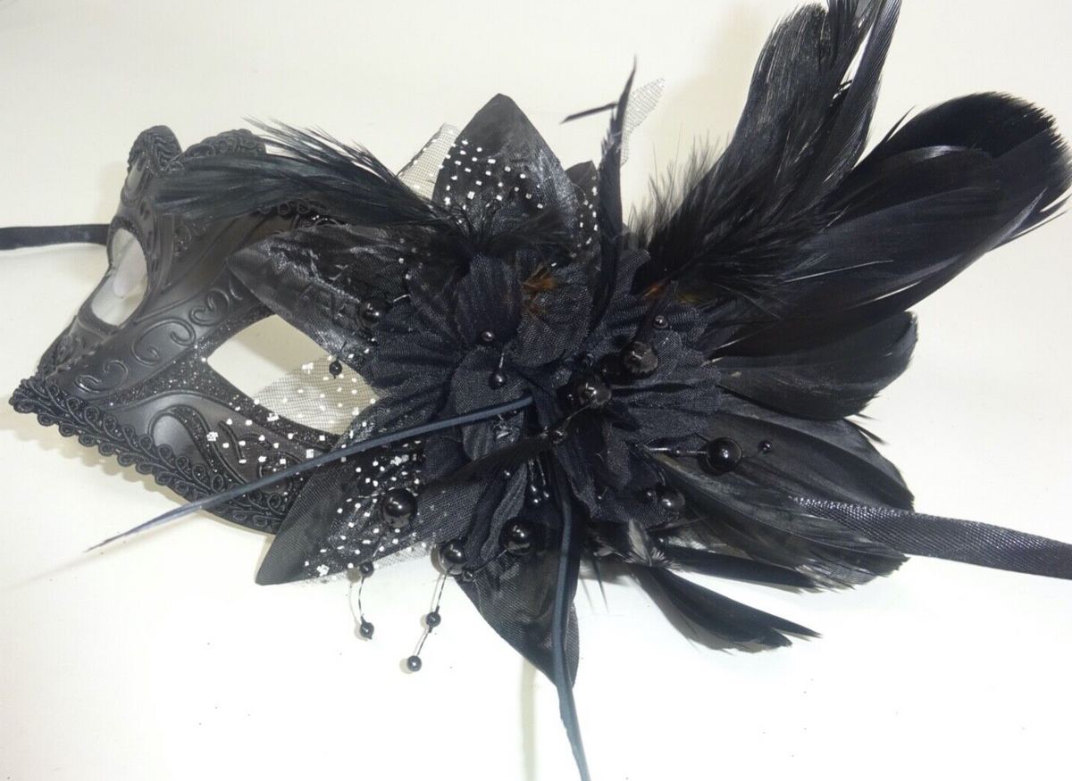 LADIES MIDNIGHT BLACK WITH ELABORATE FLOWER VENETIAN MASQUERADE PARTY EYE MASK