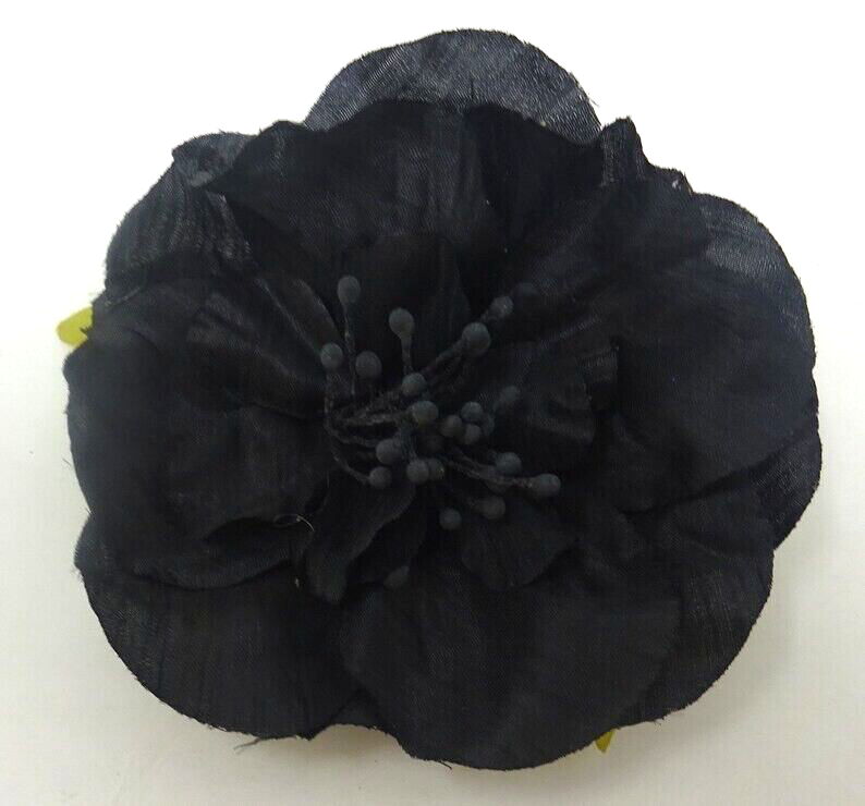 Hair Fascinator or Brooch Small Black Flower Shimmering Fabric & Green Leaves