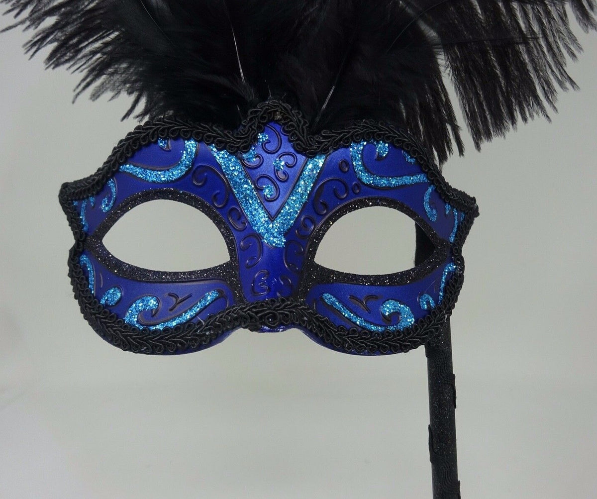 Venetian Masquerade Ball Carnival Mask Hand Held Stick Turquoise Blue & Black