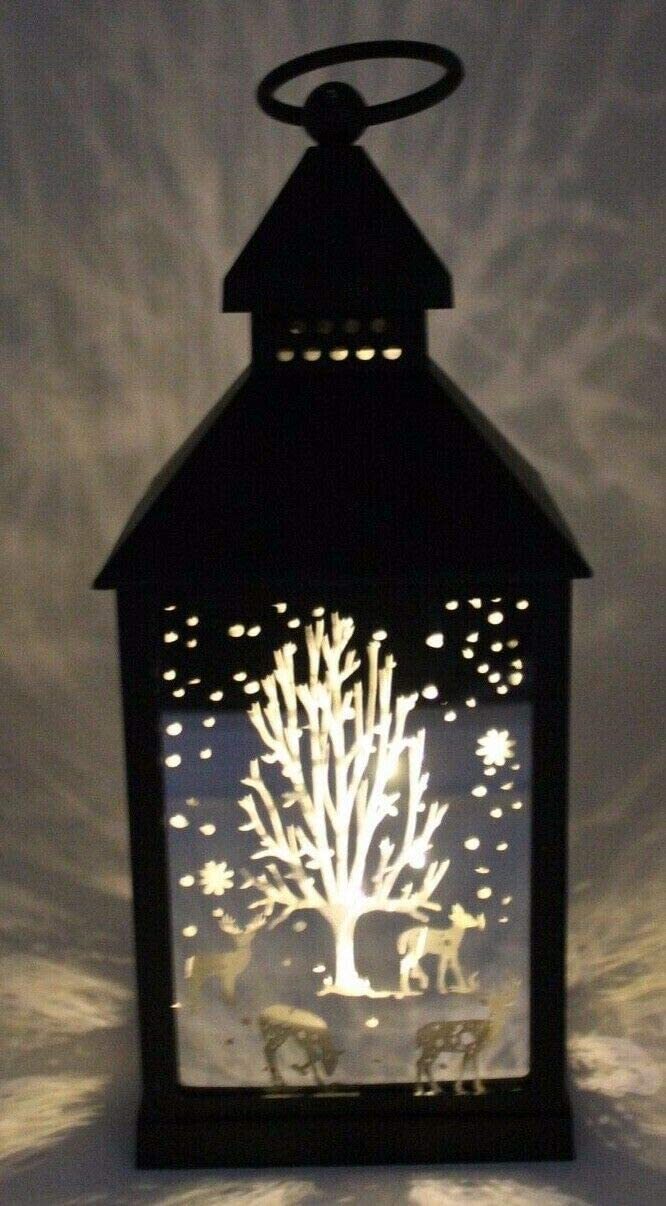 Christmas Design Winter LED Mirror Finish Hurricane Lantern Black Frame 27cm