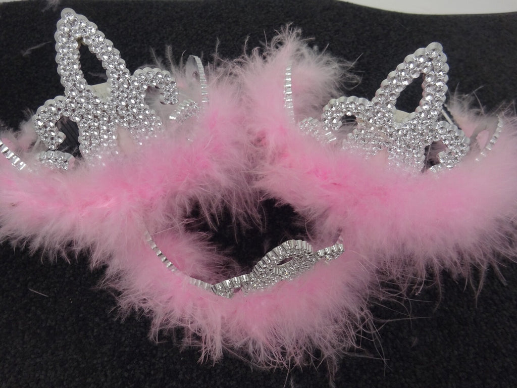 3 x Plastic Sparkling Tiaras Crowns with Baby Pink Fur Hen Party Birthday Prom