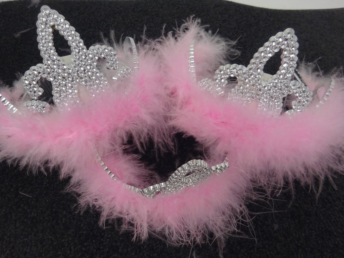 3 x Plastic Sparkling Tiaras Crowns with Baby Pink Fur Hen Party Birthday Prom