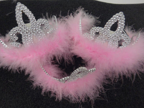 3 x Plastic Sparkling Tiaras Crowns with Baby Pink Fur Hen Party Birthday Prom