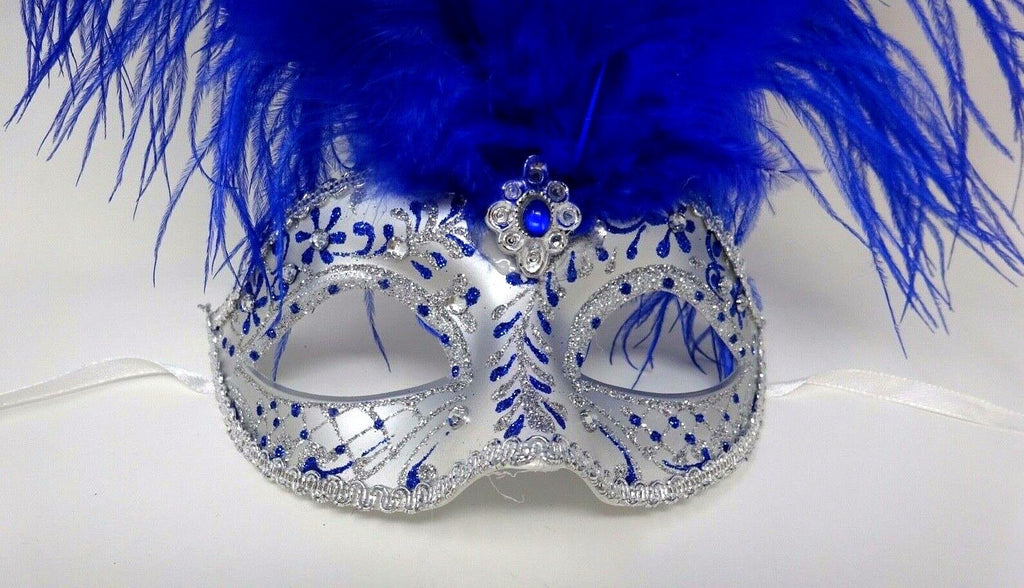 FEATHER MASK BLUE & SILVER VENETIAN MASQUERADE BALL CARNIVAL PARTY FACE EYE MASK