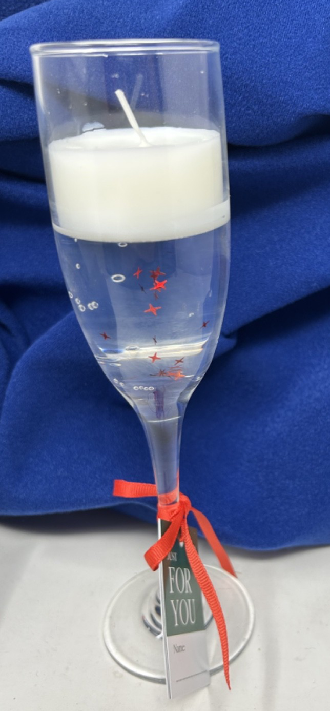 Christmas Champagne Glass Gel Candle Red Stars & Bow 22cm Tall x 6cm Dia