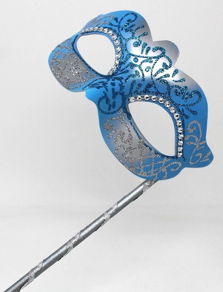 BLUE & SILVER VENETIAN MASQUERADE PARTY  MASK ON A HAND HELD STICK