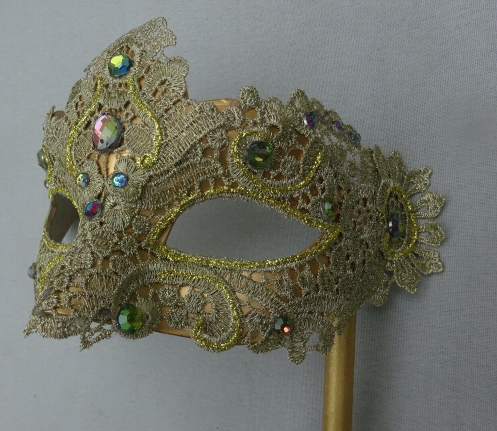 HAND HELD GOLD JEWELLED LACE BROCADE MASK VENETIAN MASQUERADE EYE BALL ON STICK